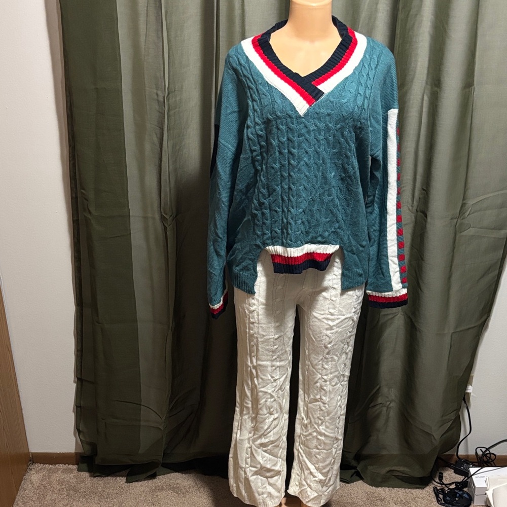 Teal V-Neck Sweater with White Pants